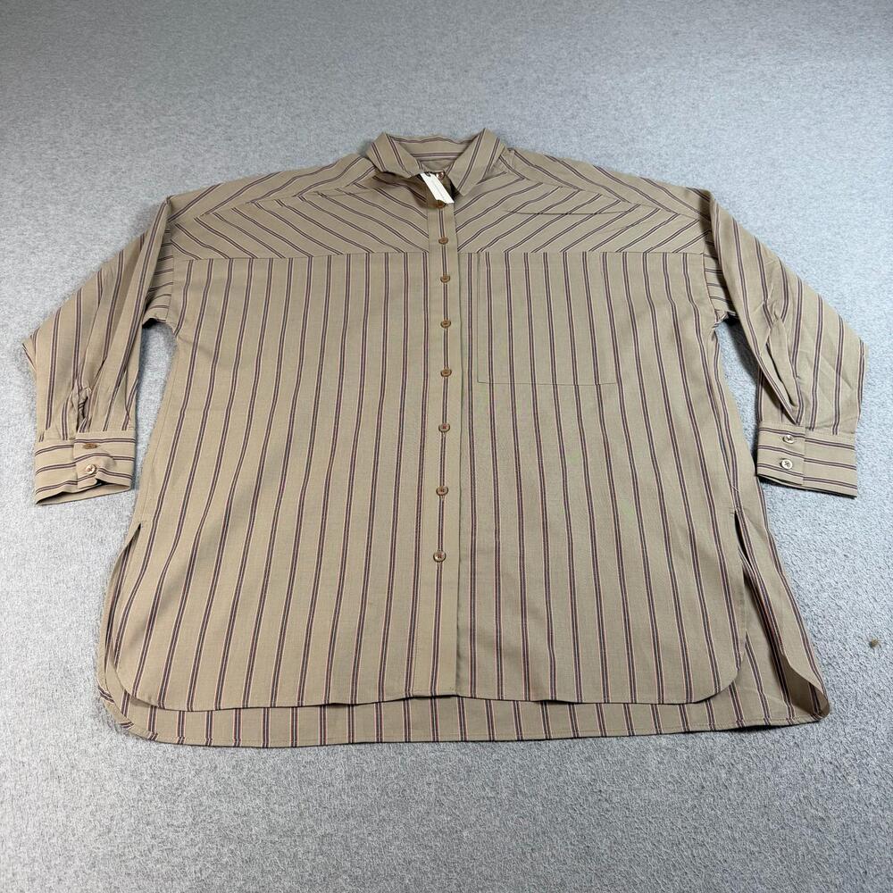 Pilcro Shirt Women XS Beige Stripe Long Sleeve Shacket Button Heritage Academia